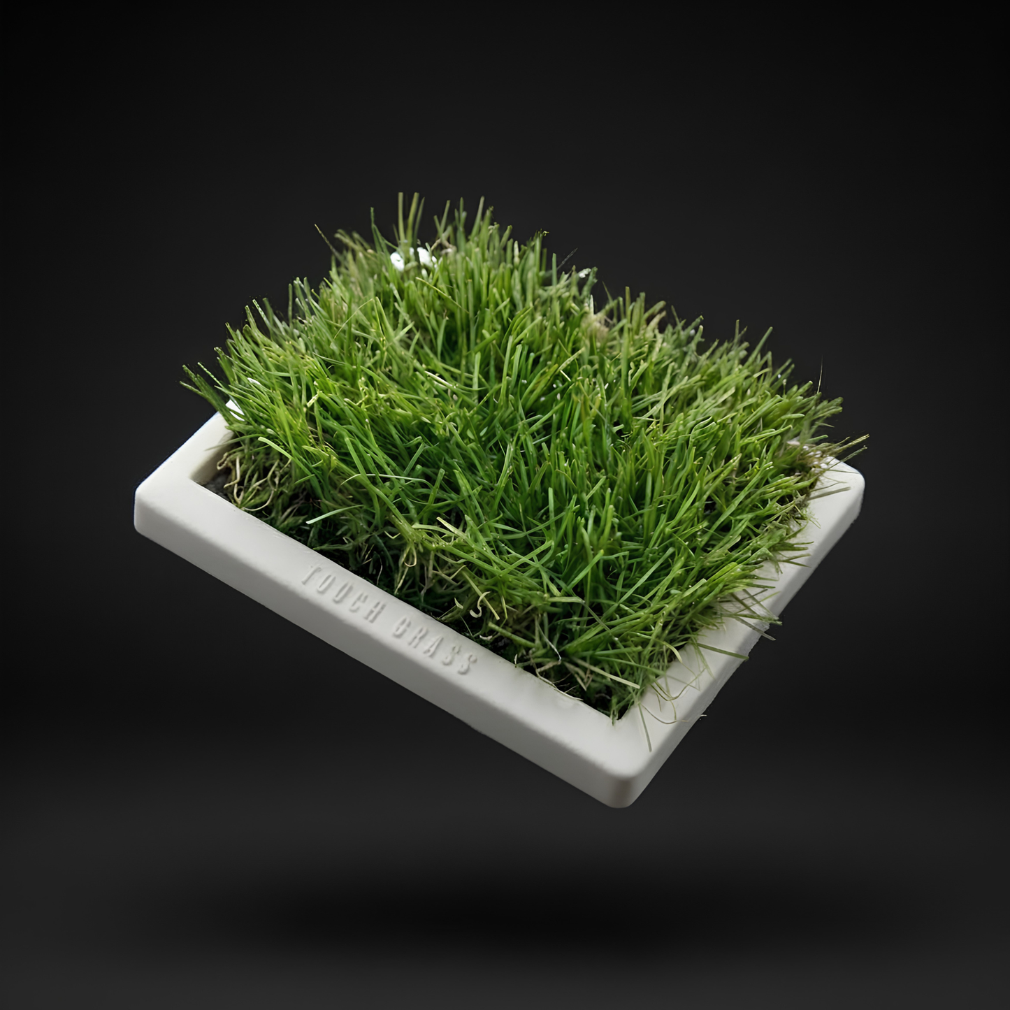 Square patch of artificial grass on a black background